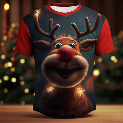 Christmas Elk Holiday Animal Graphic Casual Short Sleeve Tee