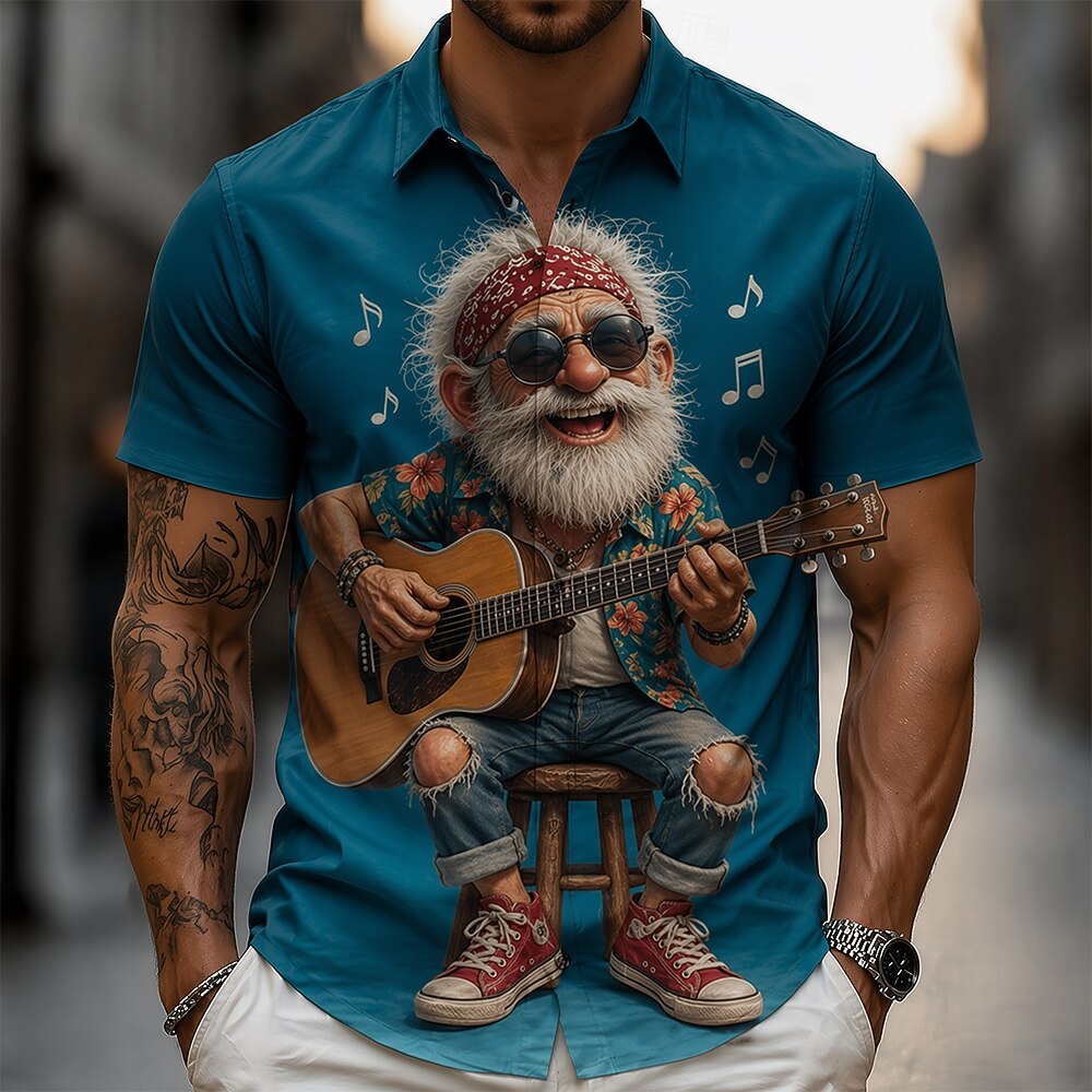 Cartoon Guitarist Old Man Music Player Short Sleeve Shirt