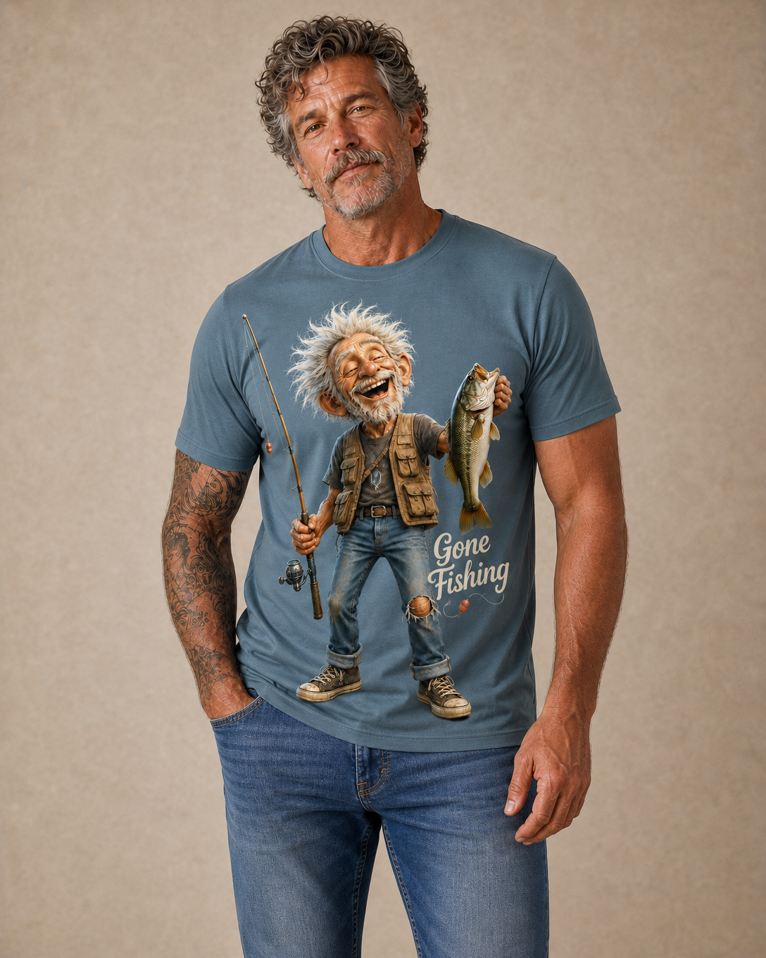 Retro Old Man Fishing Bass Print Graphic Tee