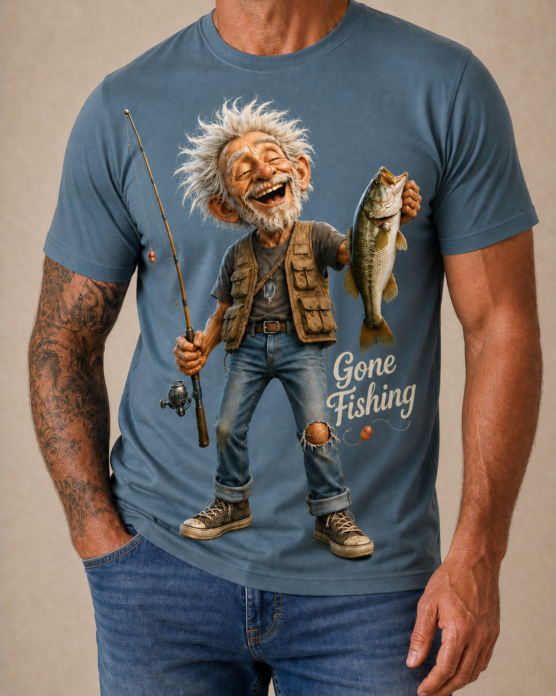 Retro Old Man Fishing Bass Print Graphic Tee