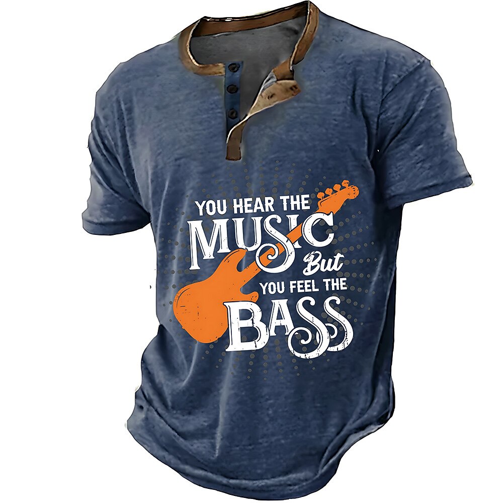 Retro Music Festival Guitar Player Graphic Short Sleeve Henley