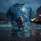 Surfing Santa Christmas Tropical Lights Funny Holiday Graphic Tee