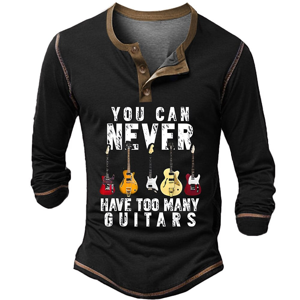 Vintage Guitar Player Music Graphic Long Sleeve Henley Shirt