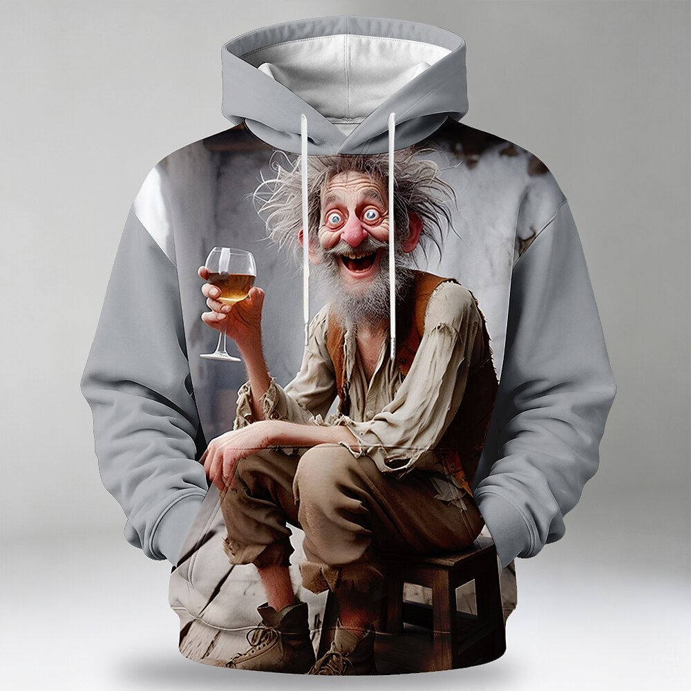Legendary Wine Old Man Pocket 3D Print Streetwear Graphic Hoodie