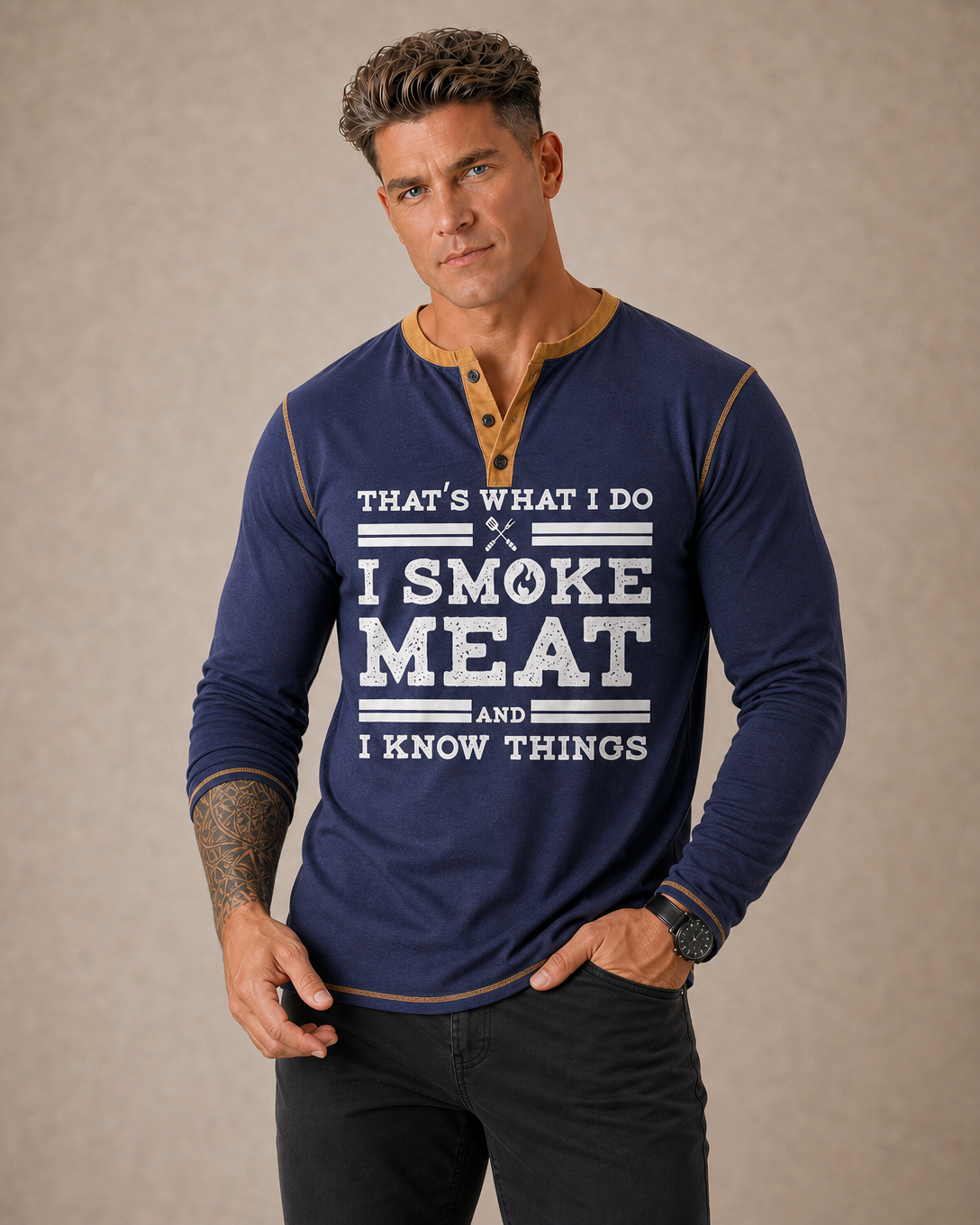 Smoke Meat Know Things Funny BBQ Long Sleeve Henley