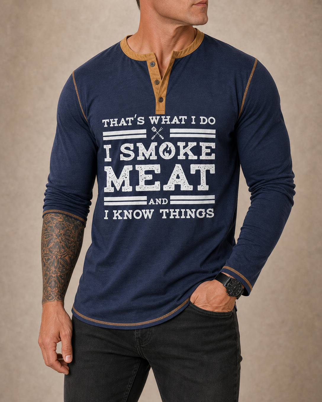 Smoke Meat Know Things Funny BBQ Long Sleeve Henley