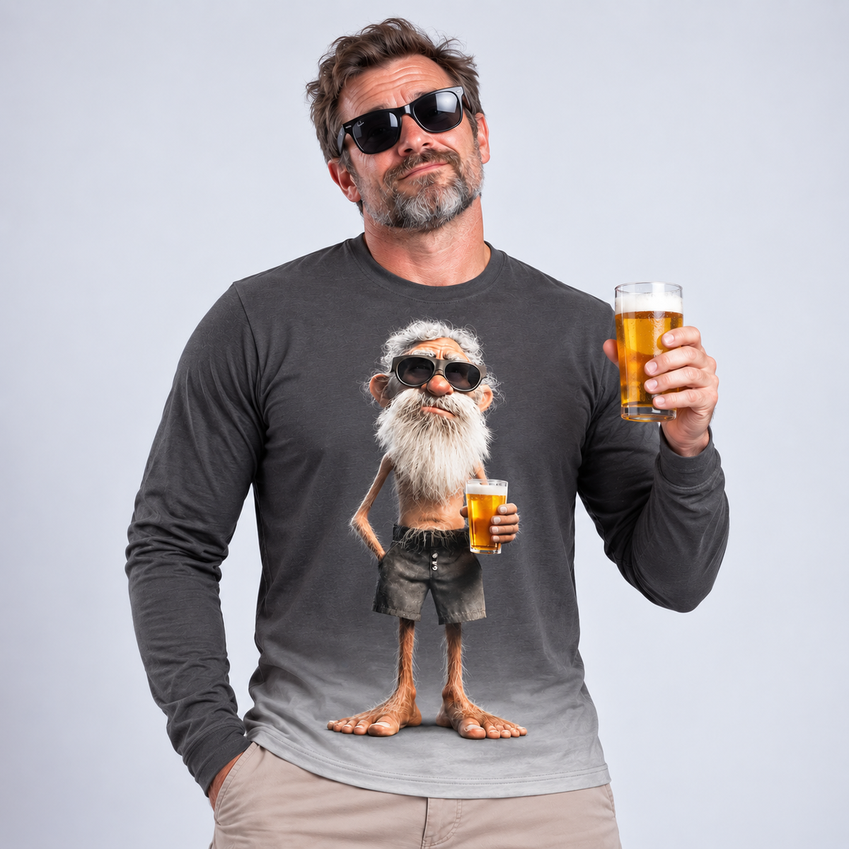 Happy Beer Old Man Graphic Long-sleeve Tee