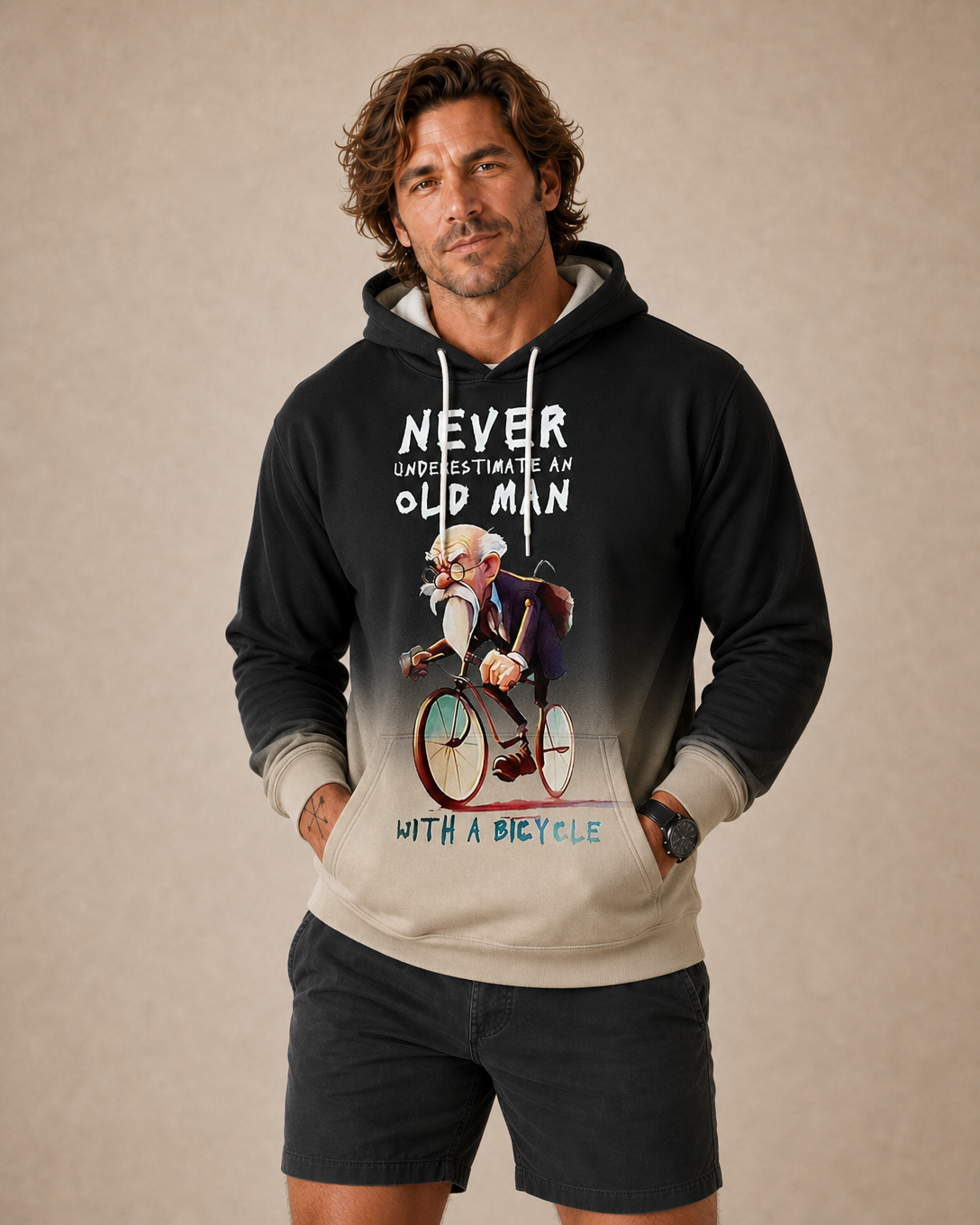 Vintage Old Man Street Bicycle Riding Graphic Long Sleeve Hoodie