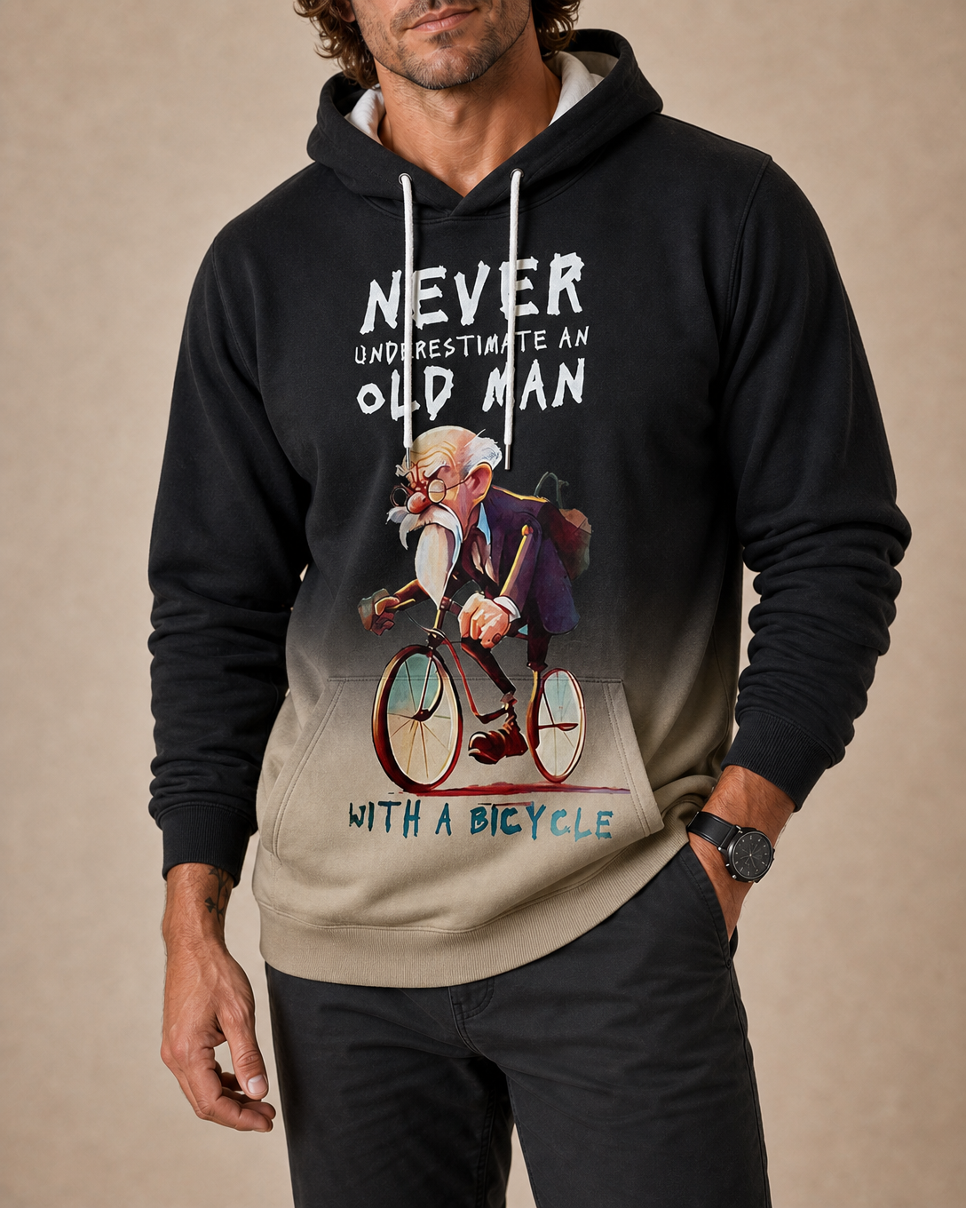 Vintage Old Man Street Bicycle Riding Graphic Long Sleeve Hoodie