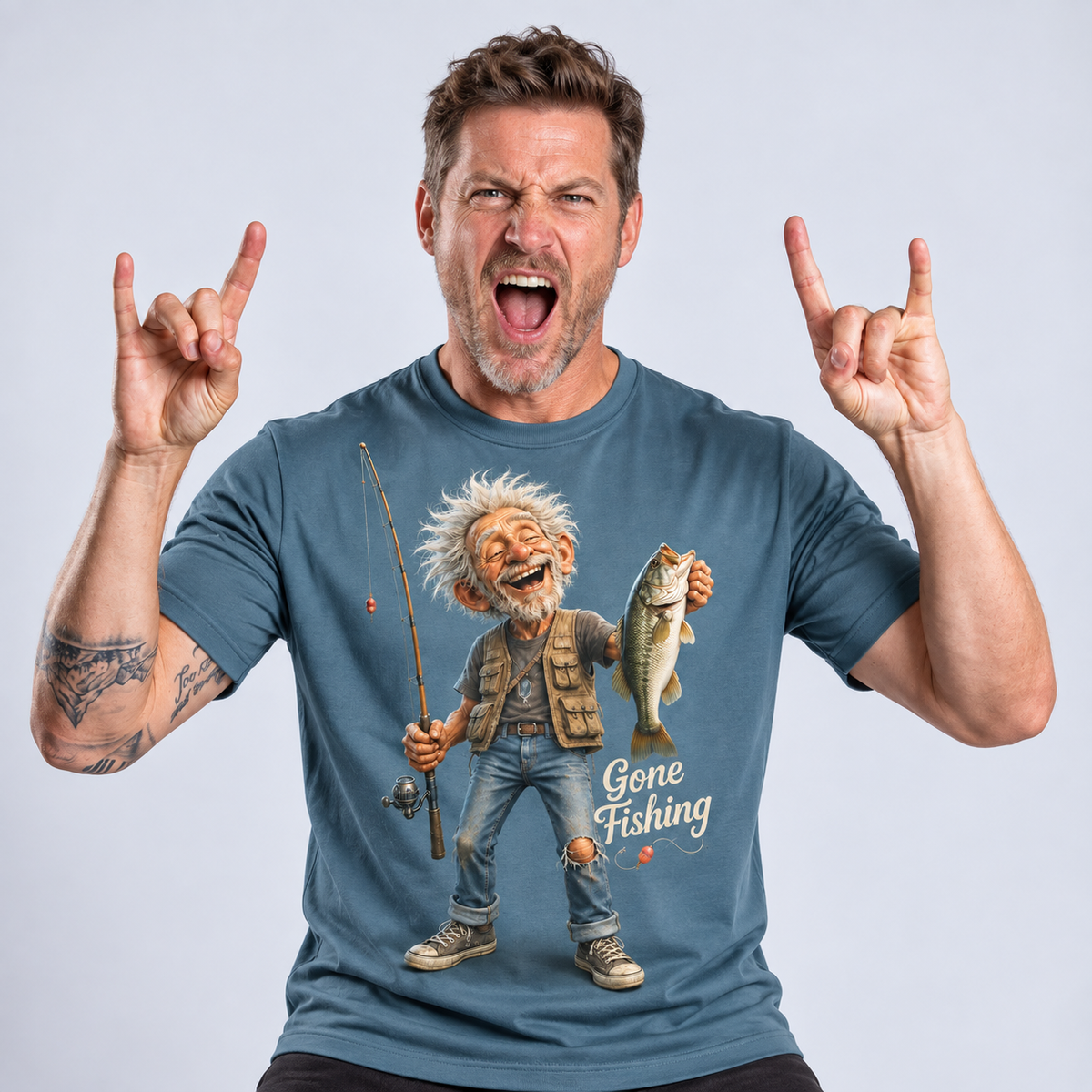 Retro Old Man Fishing Bass Print Graphic Tee
