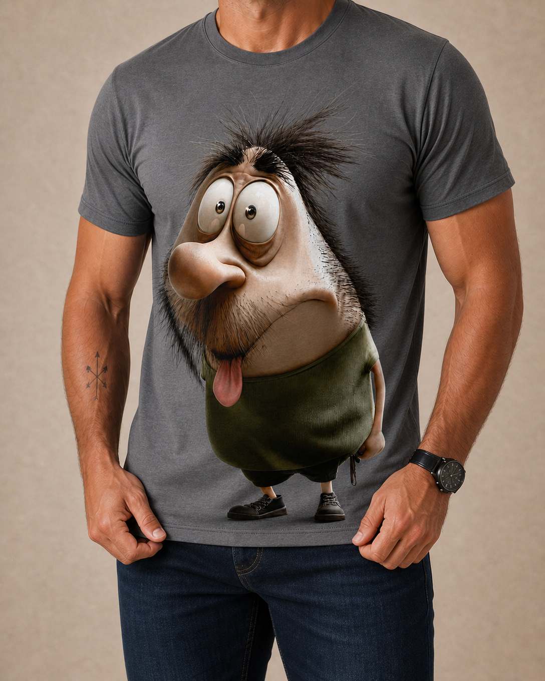 Funny Character Emotes Gray 3D Graphic Print Street Tee
