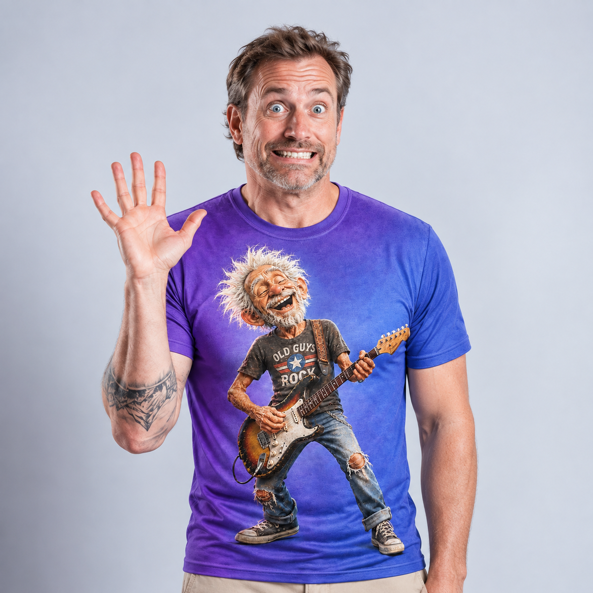 Old Rocker Cool Old Man Guitar Cartoon Tee