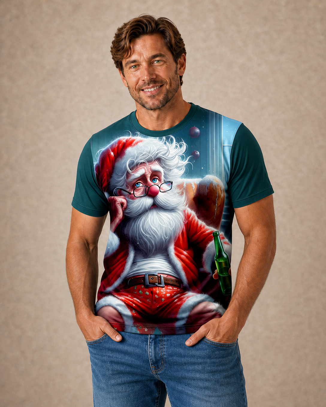 Santa Claus Beer 3D Funny Old Man Graphic Print Tee