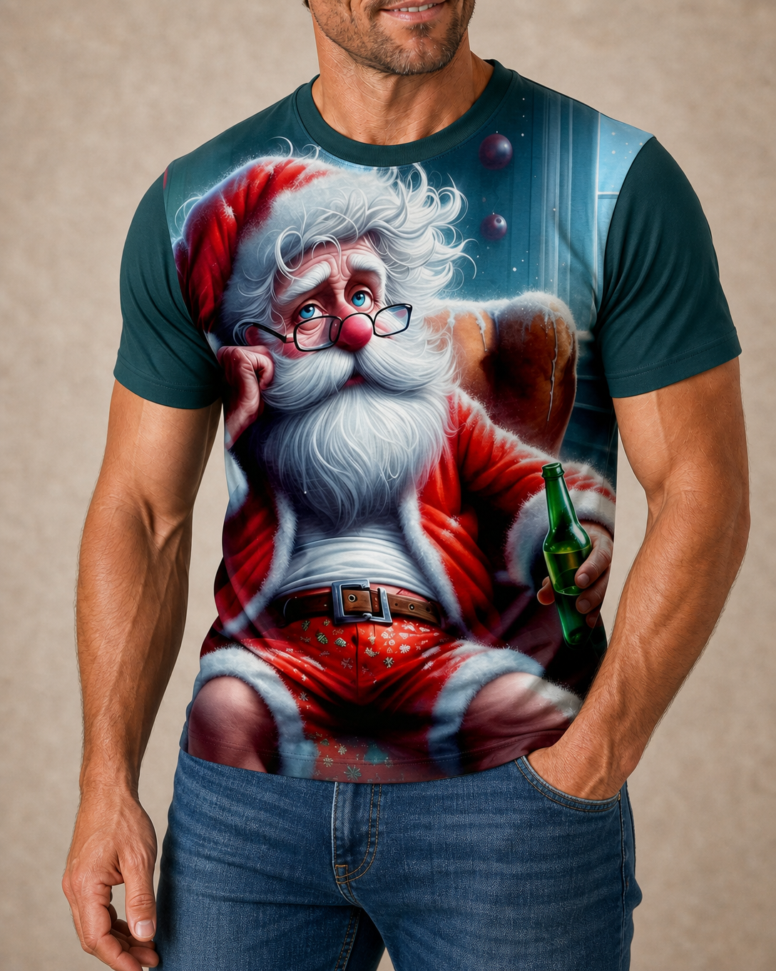 Santa Claus Beer 3D Funny Old Man Graphic Print Tee