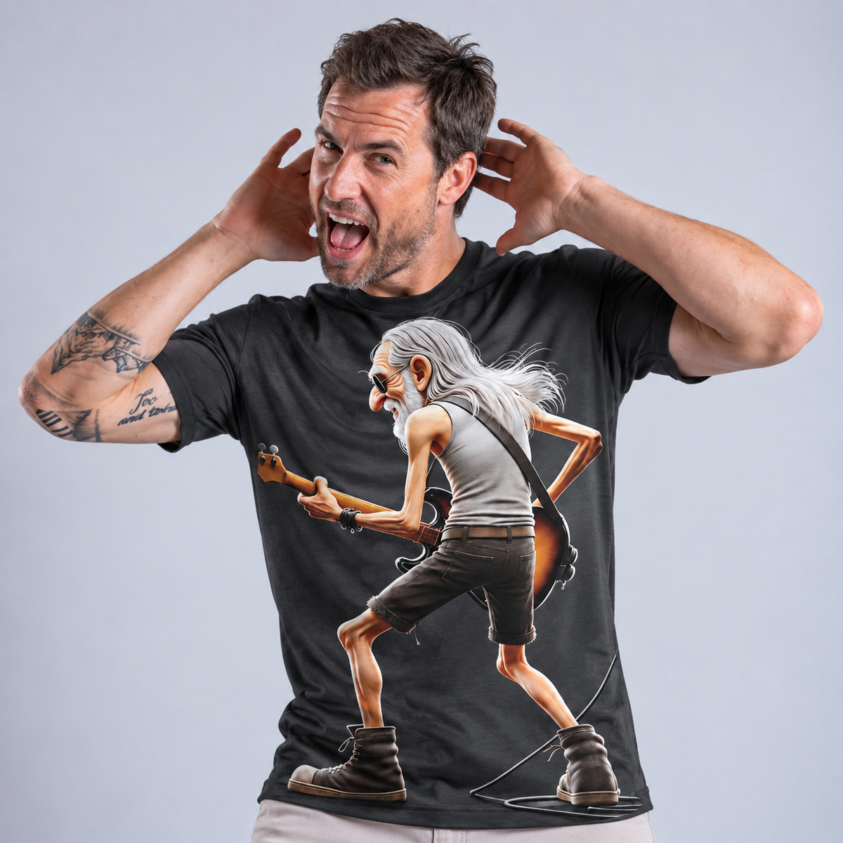 Funny Guitar Music Old Rocker Print Tee