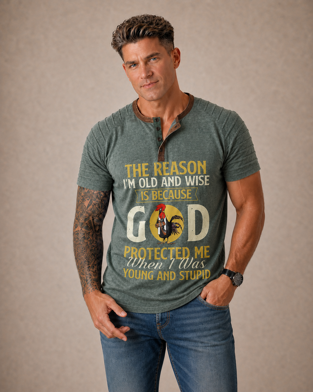 Old Wise God Protected Young Stupid Funny Graphic Tee