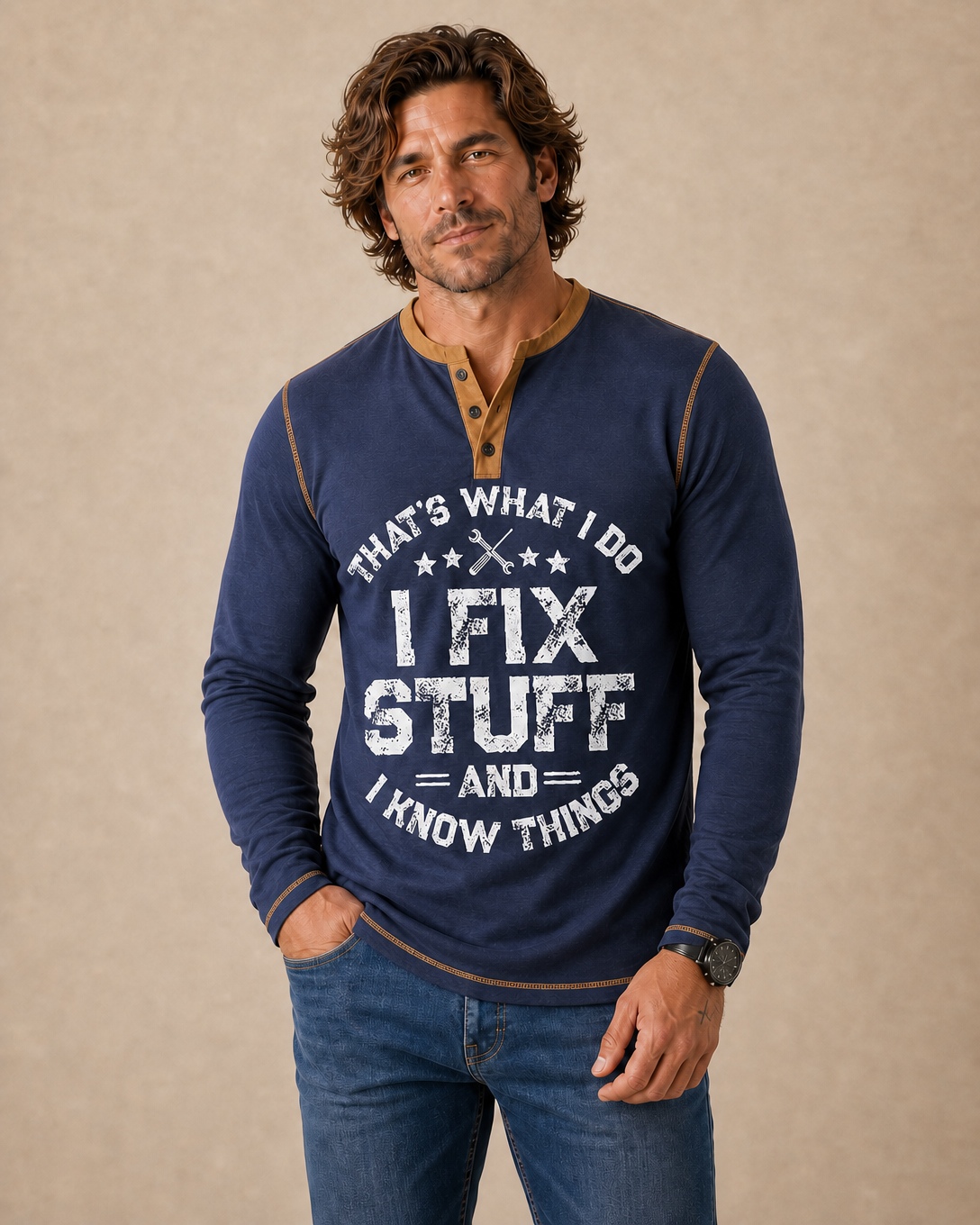 I Fix Stuff Funny Handyman Long Sleeve Graphic Henley