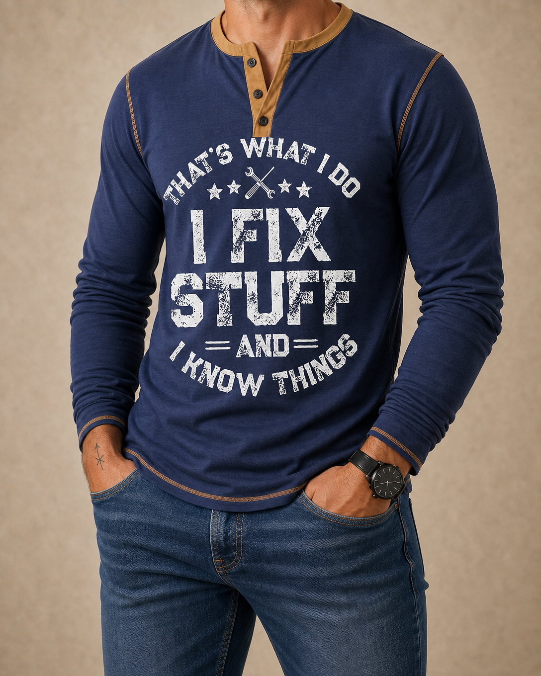 I Fix Stuff Funny Handyman Long Sleeve Graphic Henley
