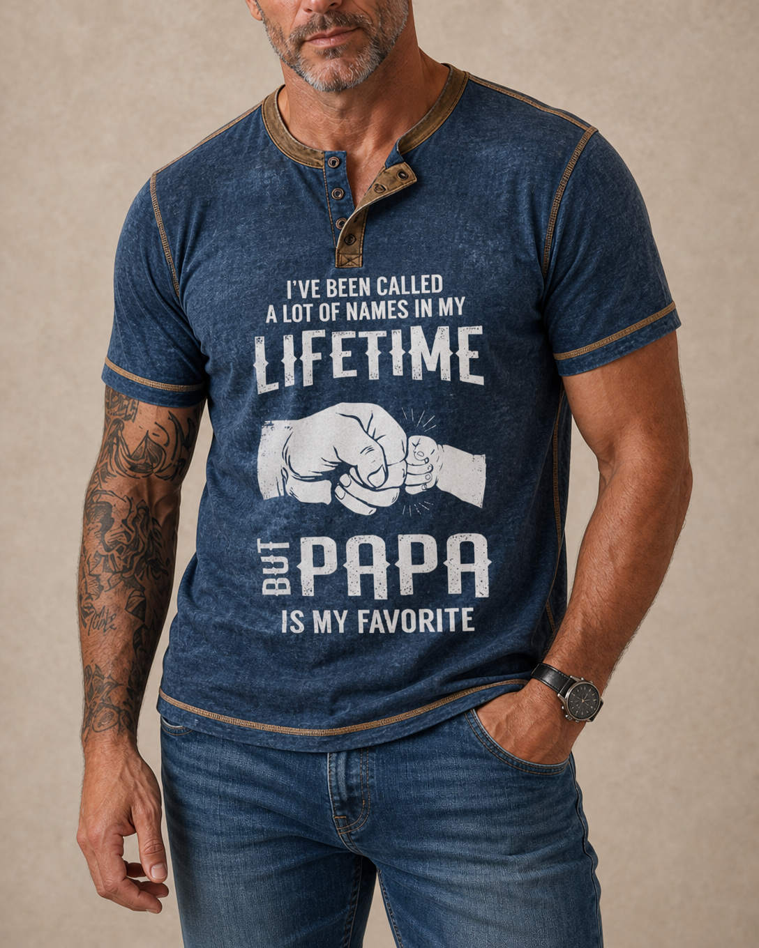 Papa Is My Favorite Funny Grandpa Graphic Henley Shirt