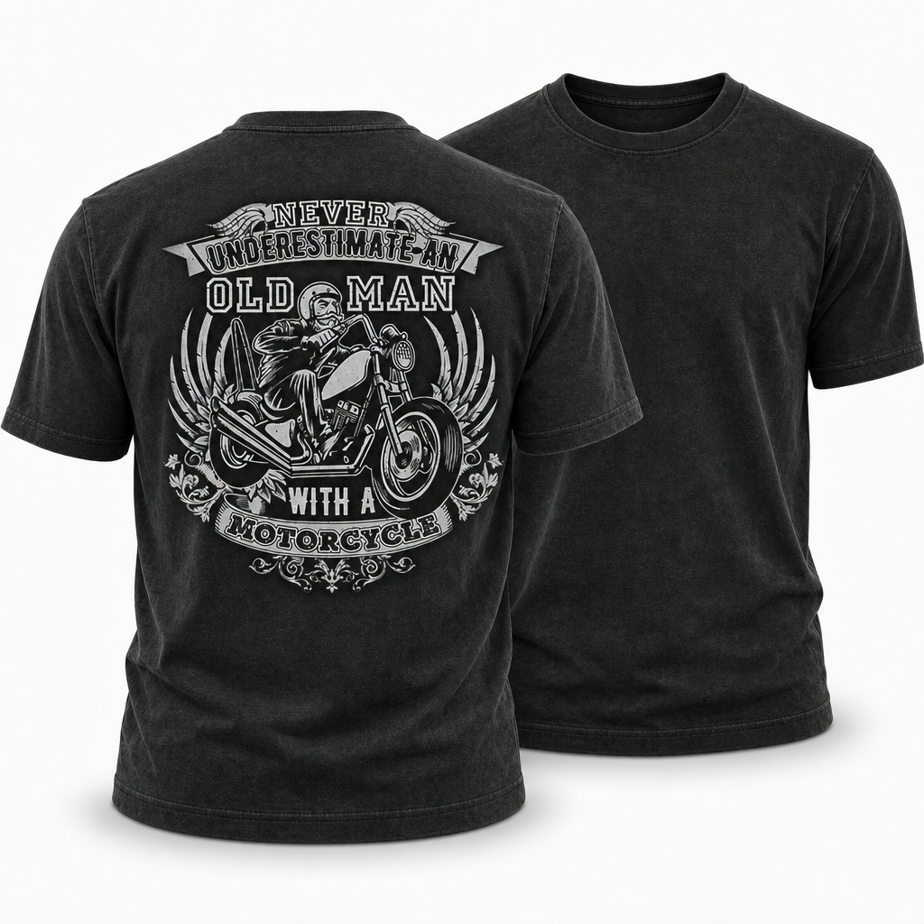 Never Underestimate Old Man Motorcycle Biker Funny Graphic Tee