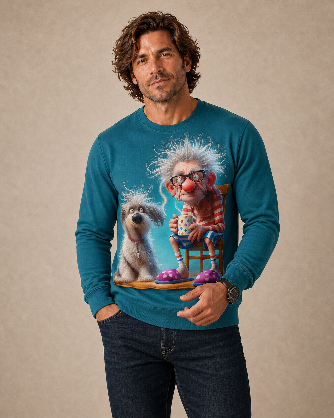 Funny Dog Old Man Number Print Crewneck Sweatshirt Gift