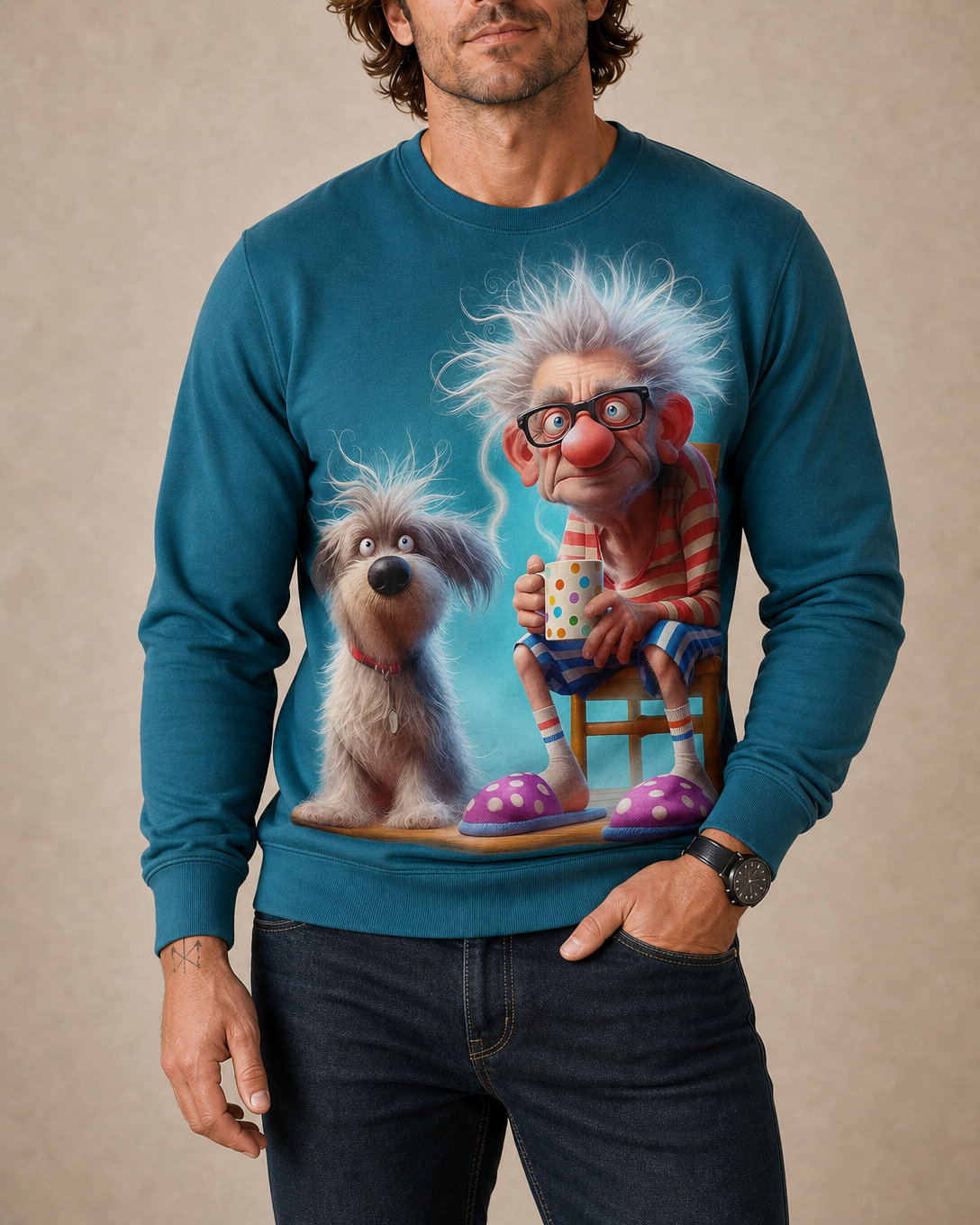 Funny Dog Old Man Number Print Crewneck Sweatshirt Gift