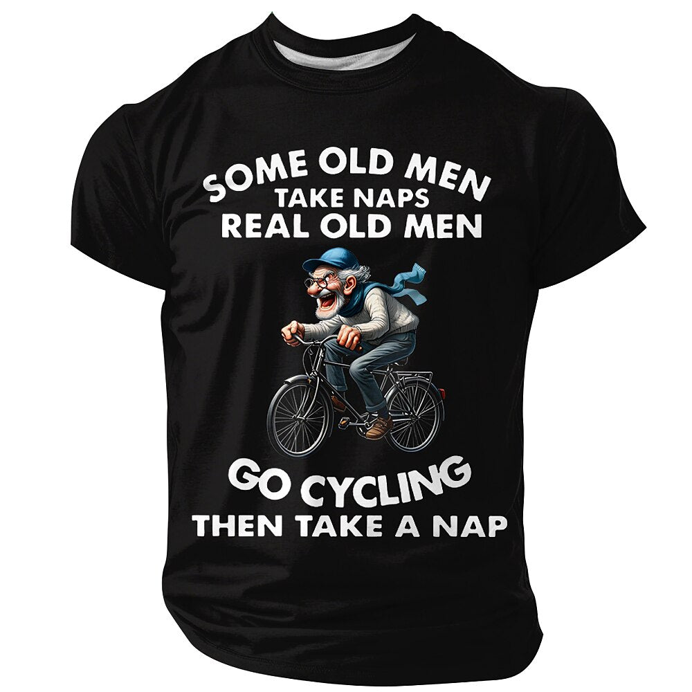 Old Men Cycling Nap Cartoon Graphic Tee