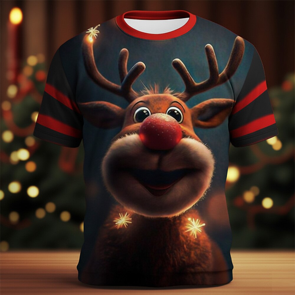 Christmas Elk Holiday Animal Graphic Casual Short Sleeve Tee