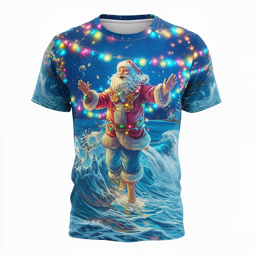 Surfing Santa Christmas Tropical Lights Funny Holiday Graphic Tee