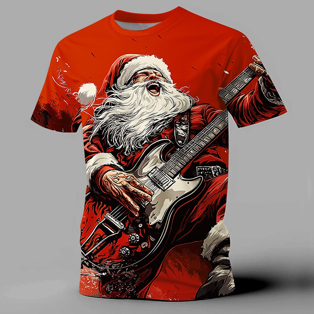 Santa Claus Guitar Christmas Music Graphic Short Sleeve Tee