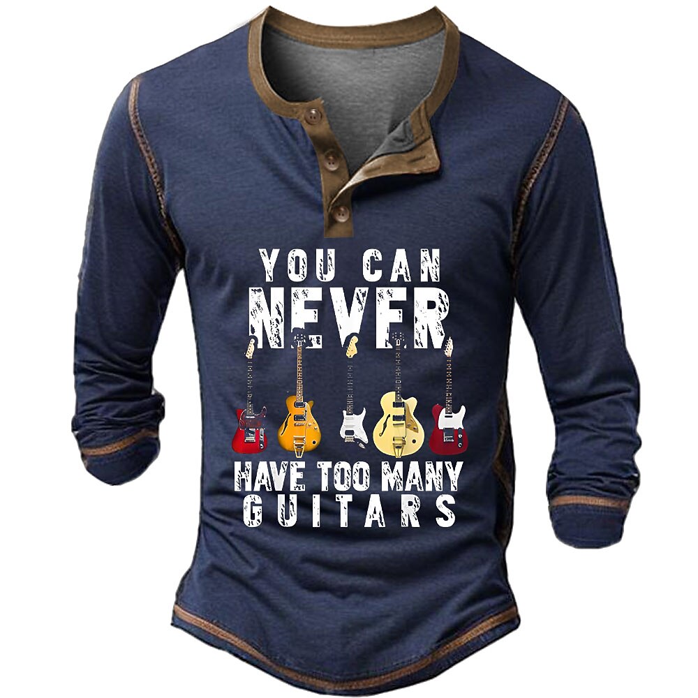 Vintage Guitar Player Music Graphic Long Sleeve Henley Shirt