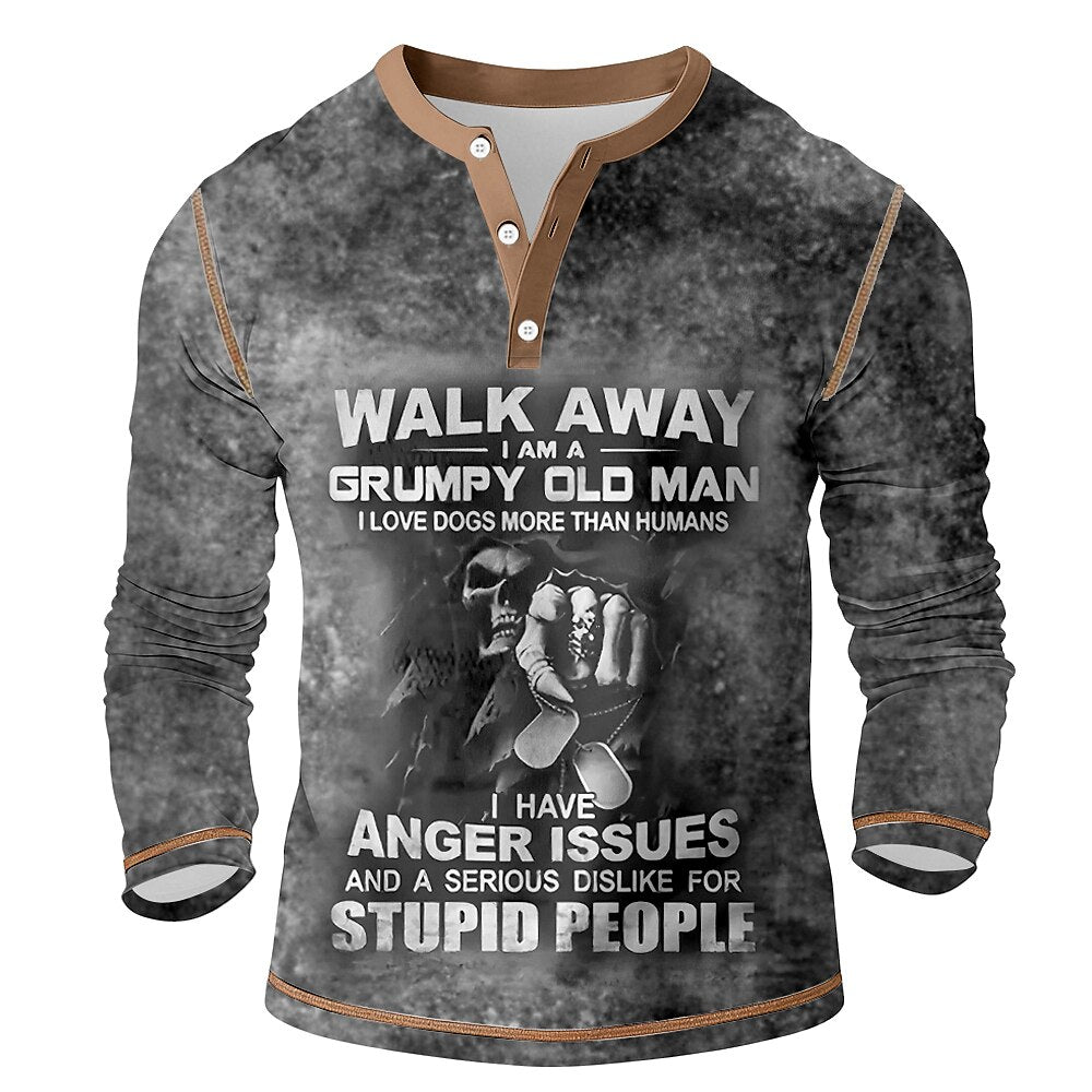 Vintage Grumpy Old Man Attitude Graphic Long Sleeve Henley