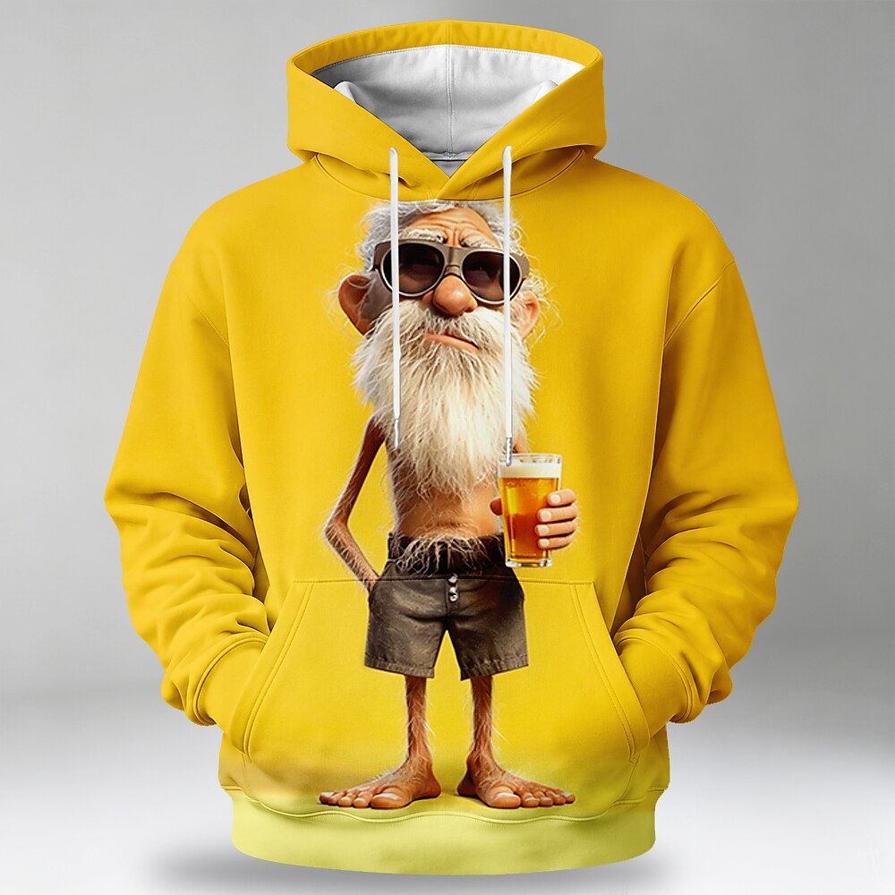 Beer Old Man Drawstring Pocket 3D Print Outdoor Graphic Hoodie