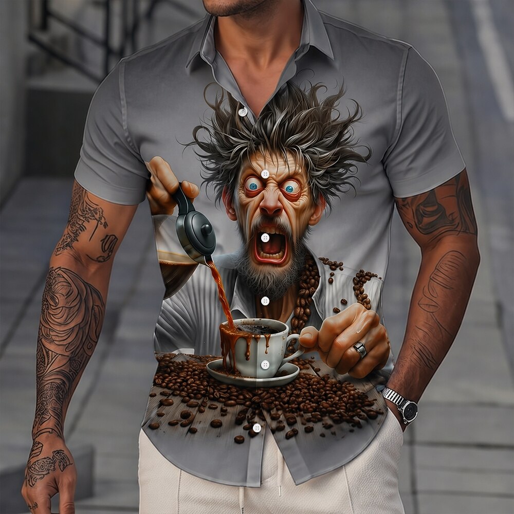 Coffee Cartoon Old Man Vintage Drinking Short Sleeve Shirt