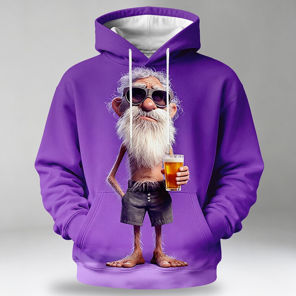 Beer Old Man Drawstring Pocket 3D Print Outdoor Graphic Hoodie