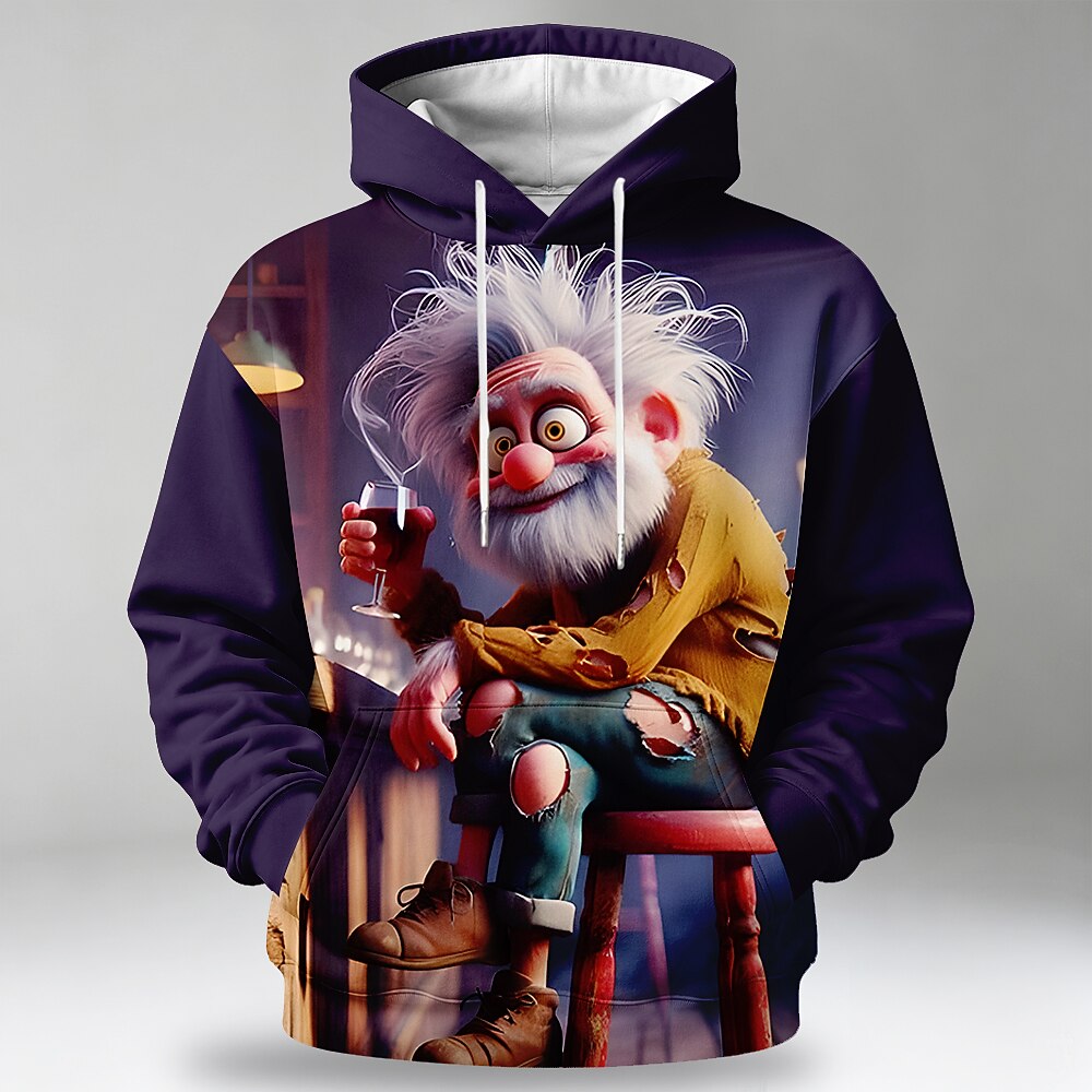 Old Man Wine Streetwear Pocket 3D Print Casual Graphic Hoodie