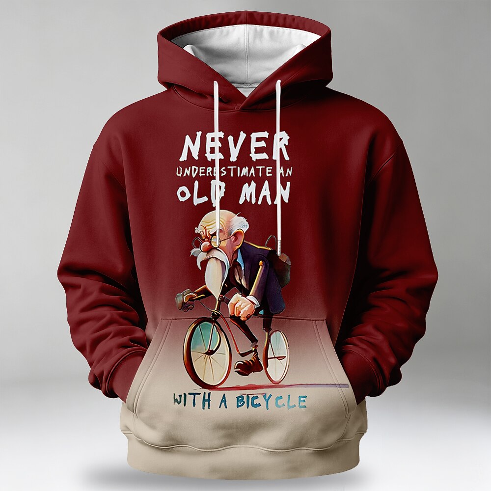 Vintage Old Man Street Bicycle Riding Graphic Long Sleeve Hoodie