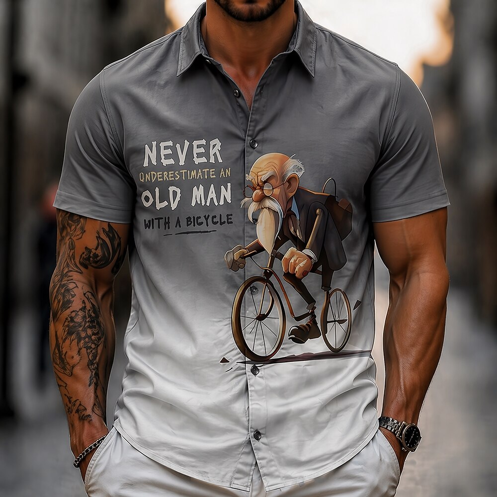 Cartoon Bicycle Old Man Vintage Riding Short Sleeve Shirt
