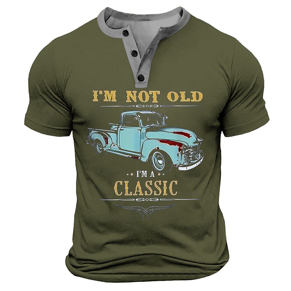 Classic Car Retro Vintage Graphic Short Sleeve Henley Shirt