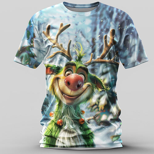 Christmas Elk Cartoon Animal Holiday Graphic Short Sleeve Tee