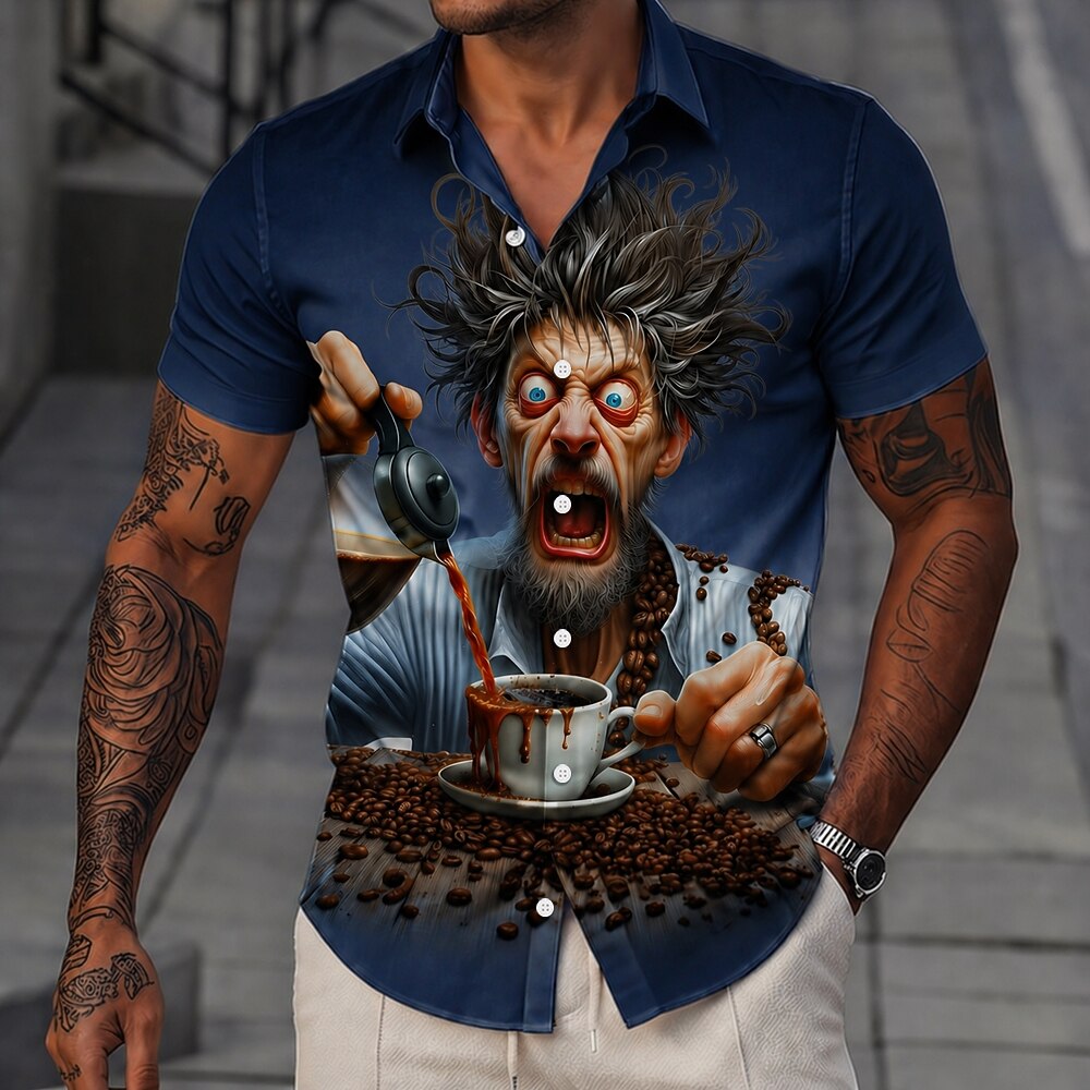 Coffee Cartoon Old Man Vintage Drinking Short Sleeve Shirt