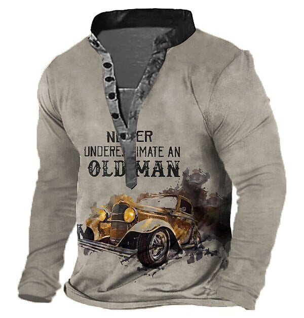 Retro Vintage Car Graphic Casual Long Sleeve Henley Tee