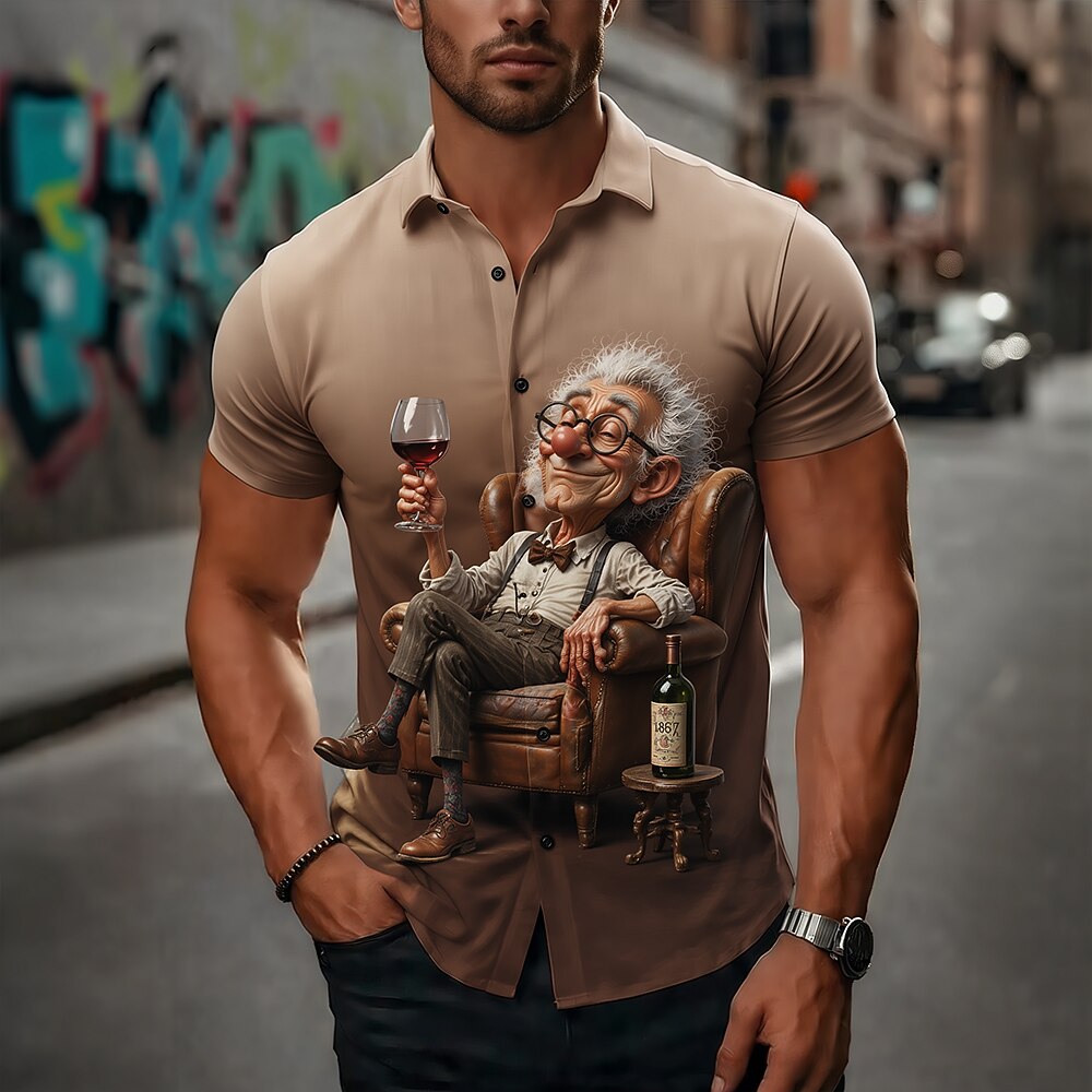 Cartoon Old Man Wine Drinking Vintage Short Sleeve Shirt