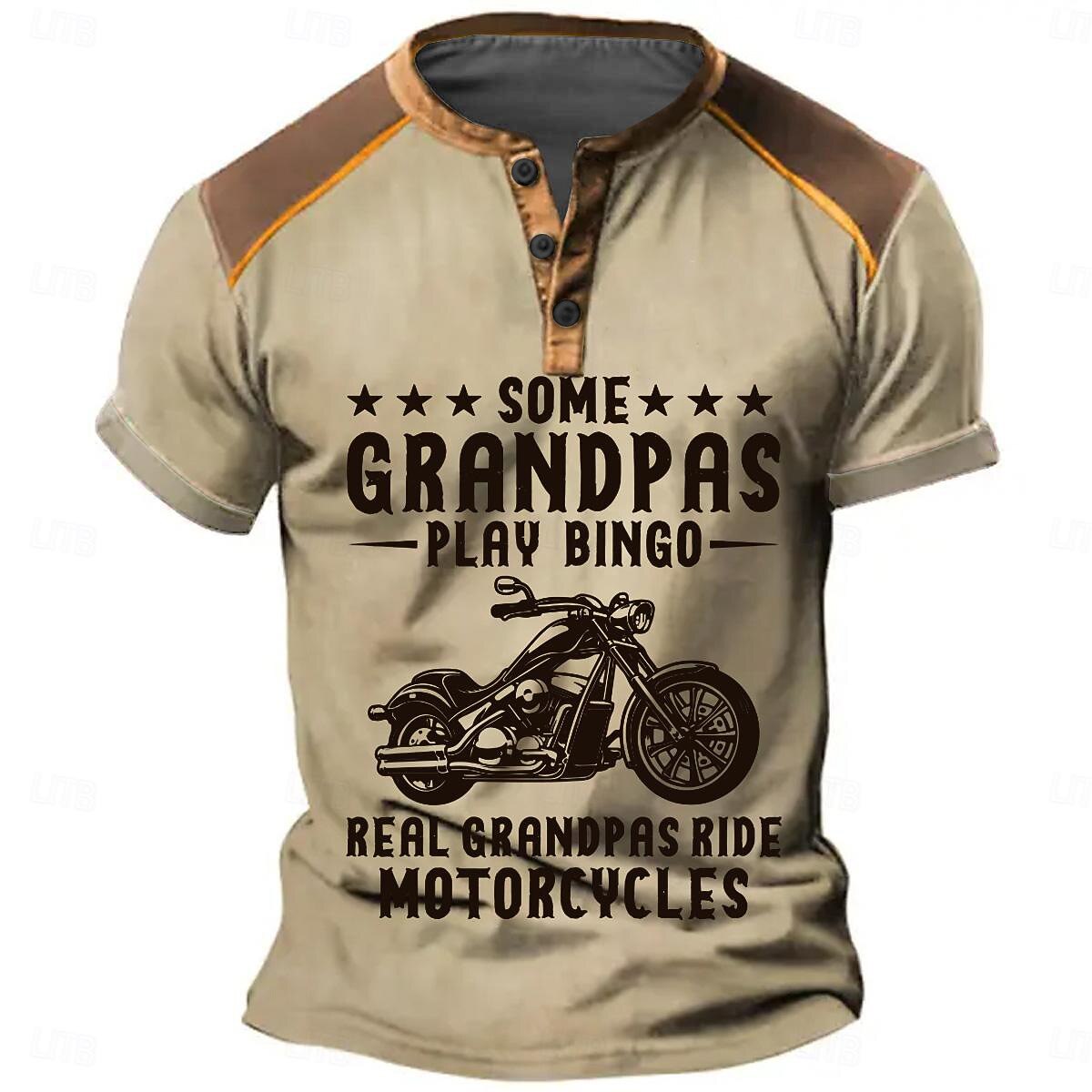 Motorcycle Grandpa Riding Retro Graphic Short Sleeve Henley Shirt
