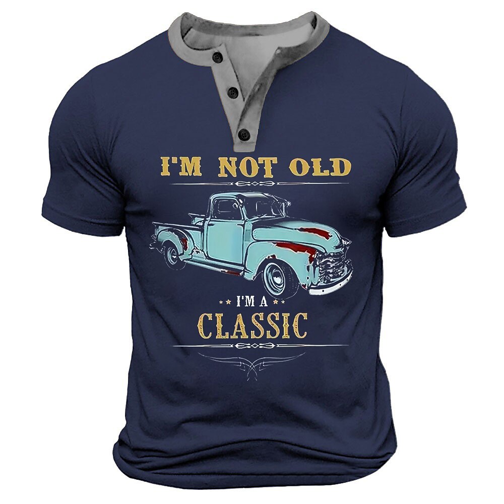 Classic Car Retro Vintage Graphic Short Sleeve Henley Shirt