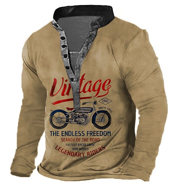 Motorcycle Shirt Long Sleeve 3D Print Retro Vintage Henley T-Shirt